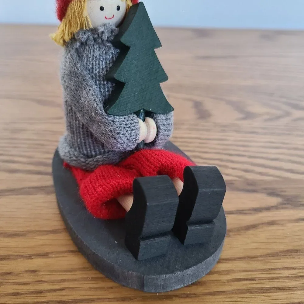 Handmade Sweden Larssons Tra Wood Christmas Figurine Girl on Sled Holding Tree